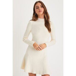 Lulus Adorable Intentions Ivory Mock Neck A-line Mini Sweater Dress White